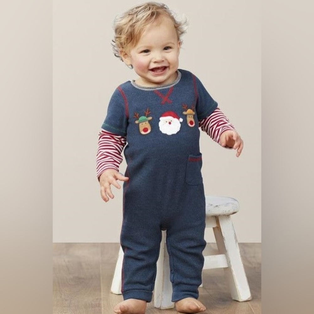 Mud Pie Baby Boy Christmas Waffle Knit Striped Long Sleeve Onesie NWT